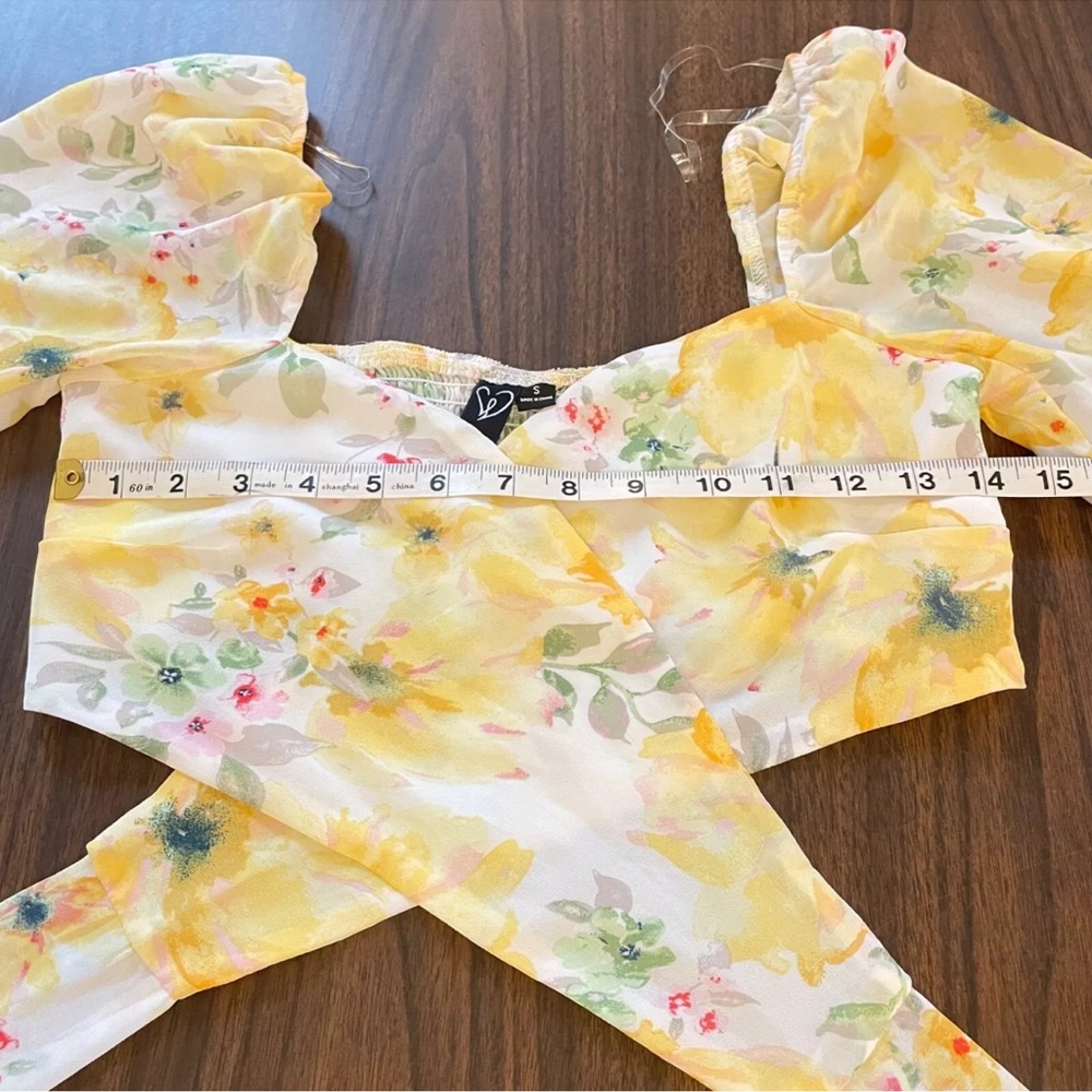 Sheer Floral Bloom Chiffon Crop Top Y2K  True Wrap Yellow Romantic Milkmaid - Picture 6 of 10